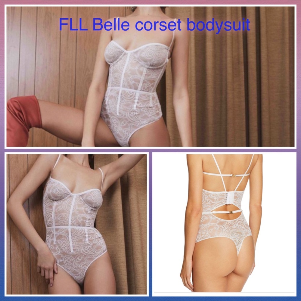 FLL BELLE Boned Intricate Lace Corset Thong White/Nude Bodysuit Small
